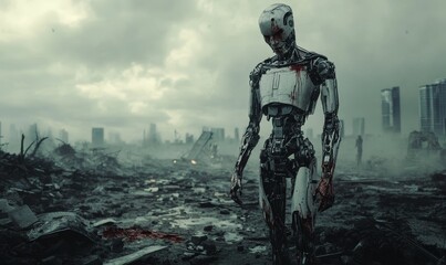 Fototapeta premium A bloody robot walks through a destroyed city.