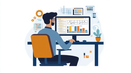 Fototapeta premium Business Man Analyzing Data on Computer Screen