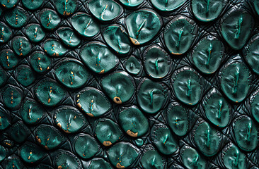 Green snake skin pattern with green diamonds on the surface. Background of dark black and emerald scales texture. Black leather fabric for , fashion design or wallpaper. Close up. High resolution.