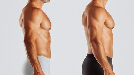Before-and-after weight loss photos, focusing on changes in waistline, arm definition, and overall body shape, Crisp Focus, Clean Background