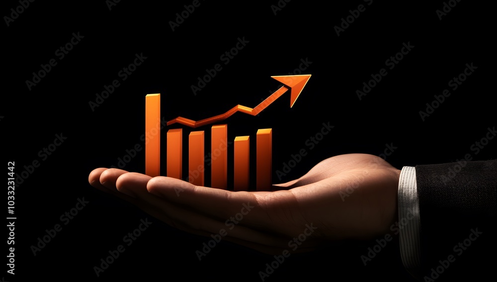 Poster businessman's hand holding a rising graph with an arrow and an upward bar chart on a black backgroun