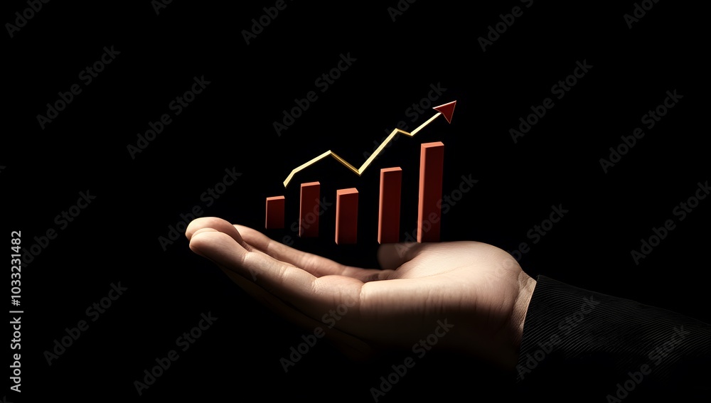Poster businessman's hand holding a rising graph with an arrow and an upward bar chart on a black backgroun