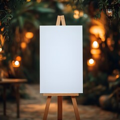 Blank Canvas at Romantic Garden Wedding.  A pristine white canvas on a wooden easel stands ready in a beautifully decorated garden setting, perfect for wedding announcements or artistic inspiration.