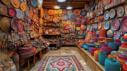 Fototapeta premium A vibrant shop filled with colorful woven baskets and other crafts, creating a sense of cultural vibrancy.