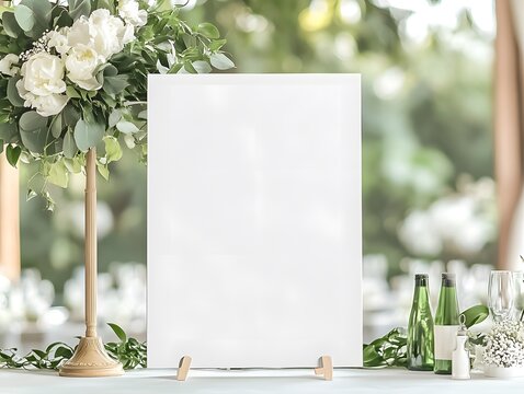 Elegant Wedding Sign Mockup: Blank White Sign with Rustic Wooden Stand,  Set against a backdrop of lush floral arrangements and shimmering glassware.  Perfect for adding your own custom design.