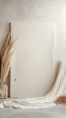 Creamy Beige Mockup: Elegant, neutral backdrop featuring a blank canvas, pampas grass, and flowing fabric. Ideal for showcasing products or branding.  