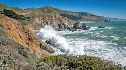 Dramatic waves crashing against the rocky coastline of a Pacific Ocean bay.