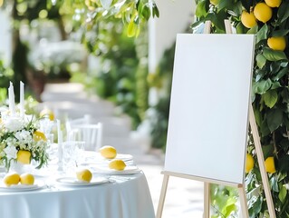 Blank Canvas Wedding Sign: A blank canvas easel stands elegantly amidst a beautifully set outdoor wedding reception, surrounded by a lush, lemon-laden trellis.