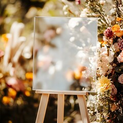Blank Acrylic Wedding Sign: A rustic yet elegant clear acrylic sign on a wooden easel surrounded by a vibrant floral backdrop.