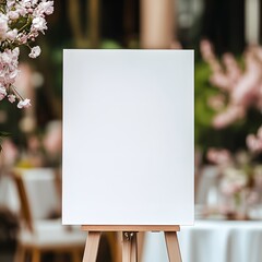 Blank Wedding Signboard: A classic wooden easel with a blank canvas signboard, set against a dreamy backdrop of pink blossoms and an elegant outdoor wedding reception.