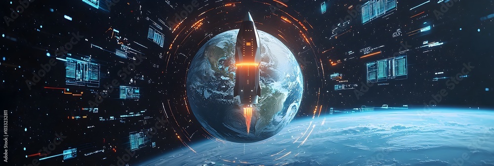 Fototapete Holographic Projection of Planet Earth Surrounded by Futuristic Digital Data Streams Representing the Interconnectedness of Global Technology Information