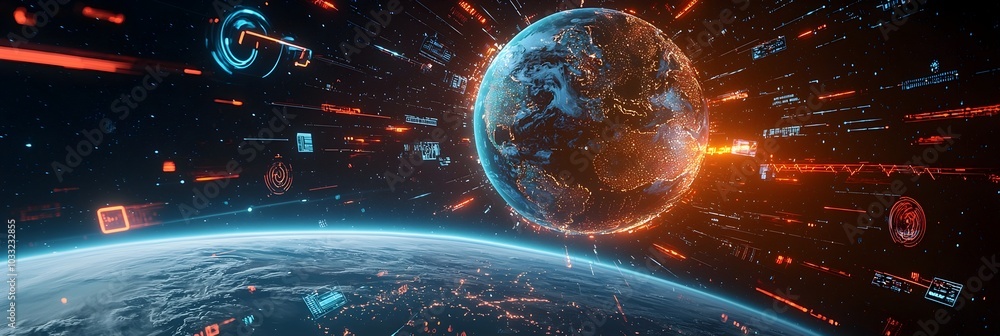 Poster holographic projection of the earth surrounded by dynamic data streams visualizing the interconnecte