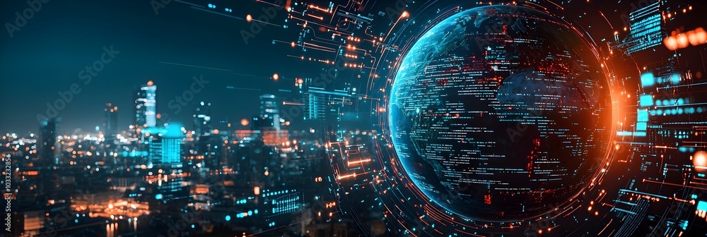Fototapete holographic projection of earth surrounded by dynamic data streams representing the interconnected g