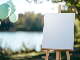 Blank Canvas in Nature: A pristine canvas on an easel stands ready for inspiration, with a serene lakeside backdrop and floating balloons adding a touch of celebration.