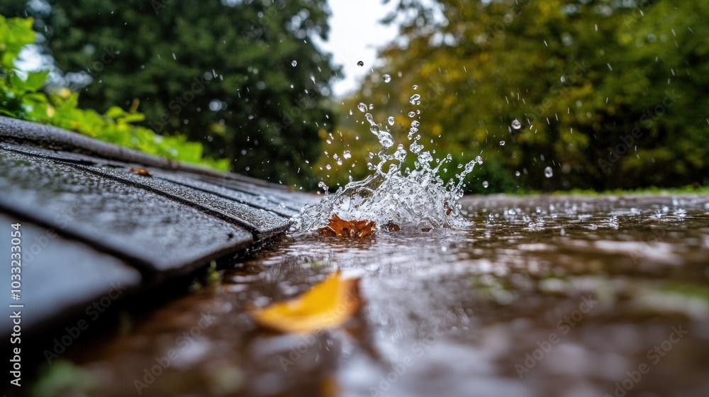 Poster raindrops splash on a wet path with autumn leaves in the foreground.