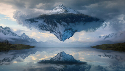 Fototapeta premium A mountain suspended upside-down from the sky, with its snowy peak hanging just above the surface of a calm lake