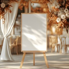 Elegant Wedding Sign Mockup: A blank sign on a wooden easel stands amidst a beautifully decorated wedding reception, offering a pristine canvas for your design.