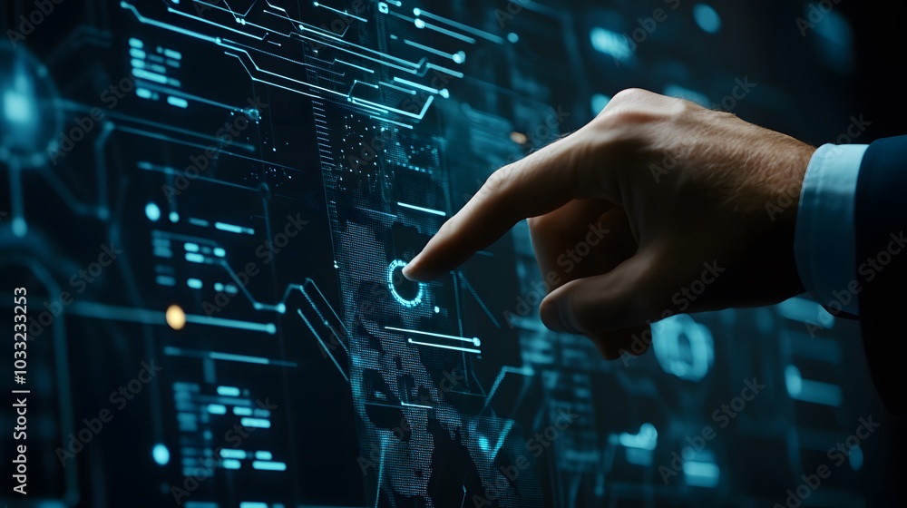 Poster hand interacting with a digital interface, blue hues and circuitry patterns