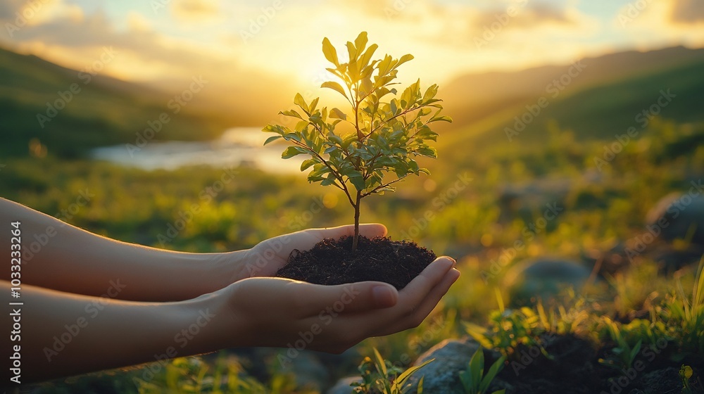 Aufkleber hands nurturing small tree sapling against a scenic backdrop of clear skies green fields and flowing