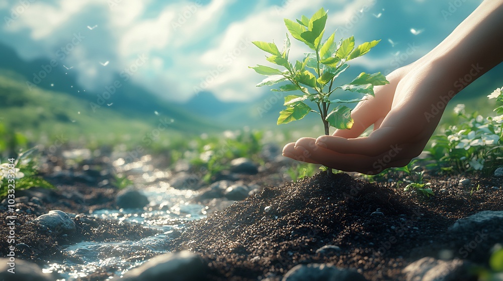 Aufkleber hands nurturing small tree sapling against a scenic backdrop of clear skies green fields and flowing