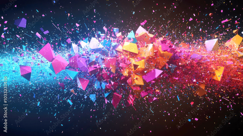 Poster a vibrant explosion of colorful geometric shapes creating a dynamic visual effect.