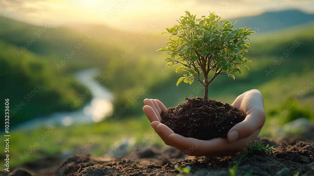 Poster hands nurturing small tree sapling against a scenic backdrop of clear skies green fields and flowing