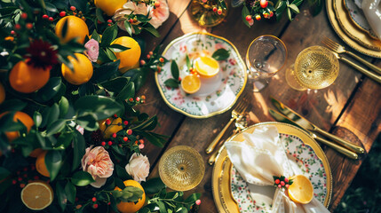 Table decor with fruits in citrus garden, holiday tablescape and dinner table setting, formal event decoration for wedding, family celebration, English country and home styling