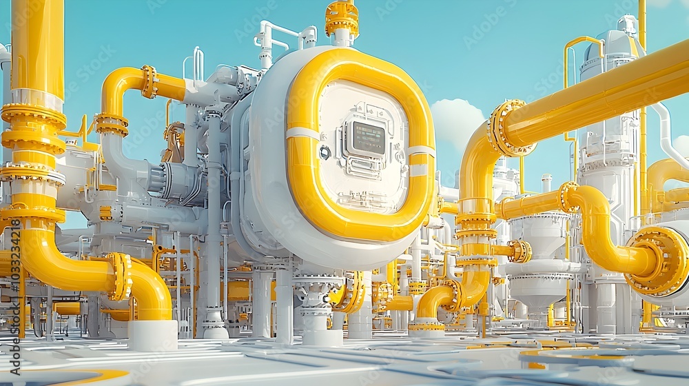 Poster intricate pipeline maze weaving through refinery structures symbolizing the complexity and interconn