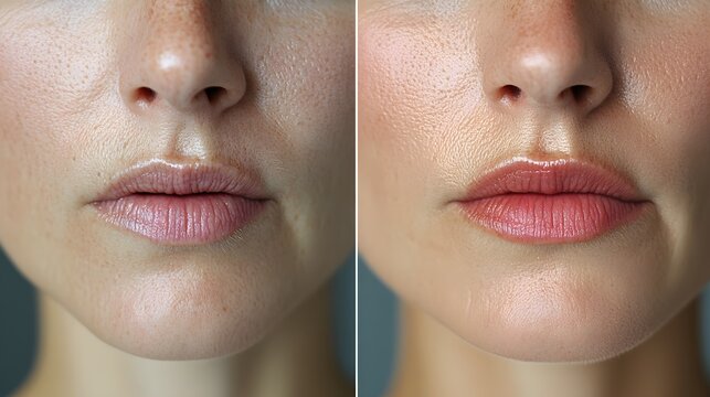 Before-and-after blog images showcasing smooth results from mouth wrinkle treatments like dermal fillers and microneedling, High-Resolution, Natural Colors, Photorealistic