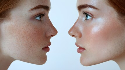 Obraz premium Split-screen view of a nose before and after rhinoplasty, highlighting adjustments in shape and overall symmetry, sharp focus, Realistic Style, Bright Lighting