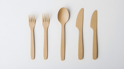 disposable eco tableware made of cardboard spoon fork knife Sustainable planet, on a white background to insert the layout. 
