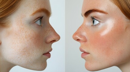 Obraz premium Side-by-side comparison of a patient's nose and facial profile, showcasing the refined contours and balanced proportions after rhinoplasty, Realistic, High-Definition