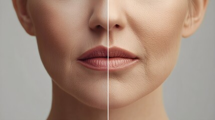 Infographic showing the causes of wrinkles around the mouth, paired with detailed before-and-after treatment photos, Modern Style, High Detail