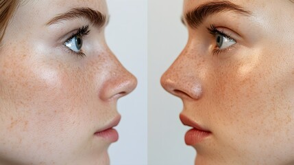 Obraz premium Side-by-side profile comparison of a patient's nose before and after rhinoplasty, focusing on the smoothened bridge and refined tip, Realistic Style, High Detail