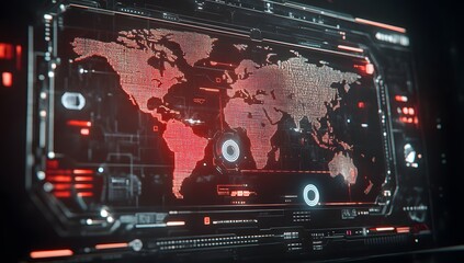 Obraz premium Cinematic shot of a futuristic screen with a digital world map, a hologram interface in the center, in red and black colors,