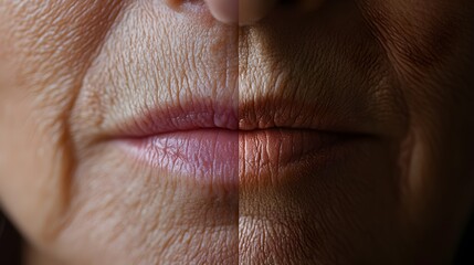 Video demonstration of anti-wrinkle cream application, showing real-time wrinkle reduction around the mouth, with a side-by-side before-and-after comparison, Natural Lighting, High Detail