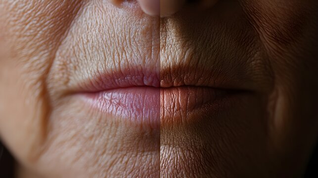 Video demonstration of anti-wrinkle cream application, showing real-time wrinkle reduction around the mouth, with a side-by-side before-and-after comparison, Natural Lighting, High Detail