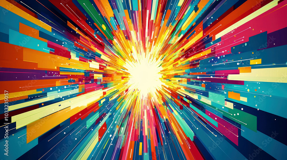 Poster a vibrant explosion of colors and shapes radiating outward, creating a dynamic visual impact.