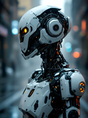 Fototapeta premium A closeup of a futuristic white robot with a complex mechanical design, standing in a blurry urban setting. The robots head is tilted slightly, and its orange eyes glow brightly.
