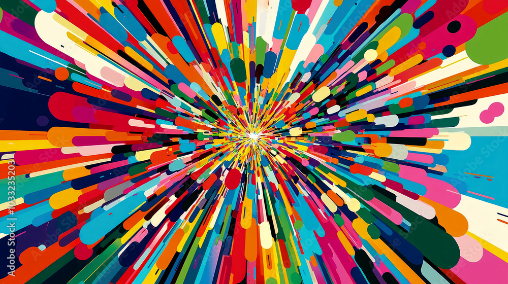 Poster a vibrant explosion of colors and shapes radiating outward, creating a dynamic visual effect.