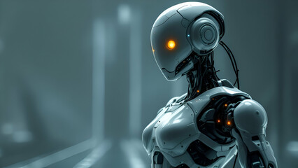 A closeup of a white female robot with glowing orange eyes, visible mechanical parts, and wires. The robot is standing in a blurry scifi setting.