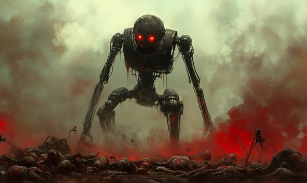A giant robot stands over a field of fallen figures.