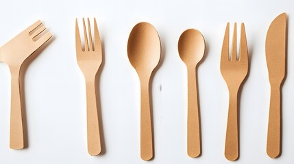 disposable eco tableware made of cardboard spoon fork knife Sustainable planet, on a white background to insert the layout. 