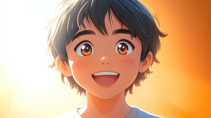 Realistic face of a 16-year-old boy, looking joyful with a wide smile and twinkling eyes, against a clean, vibrant background. Represents happiness and energy. High resolution Illustration, in the