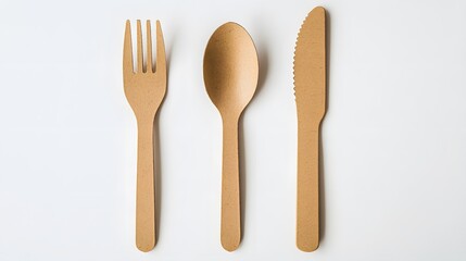 disposable eco tableware made of cardboard spoon fork knife Sustainable planet, on a white background to insert the layout. 