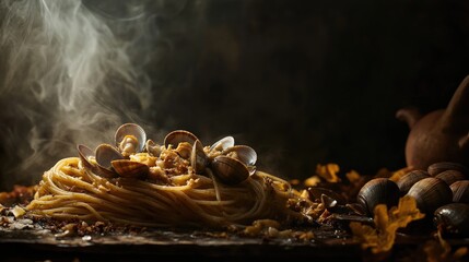 Elegant Seafood Pasta Presentation with Steam Effect