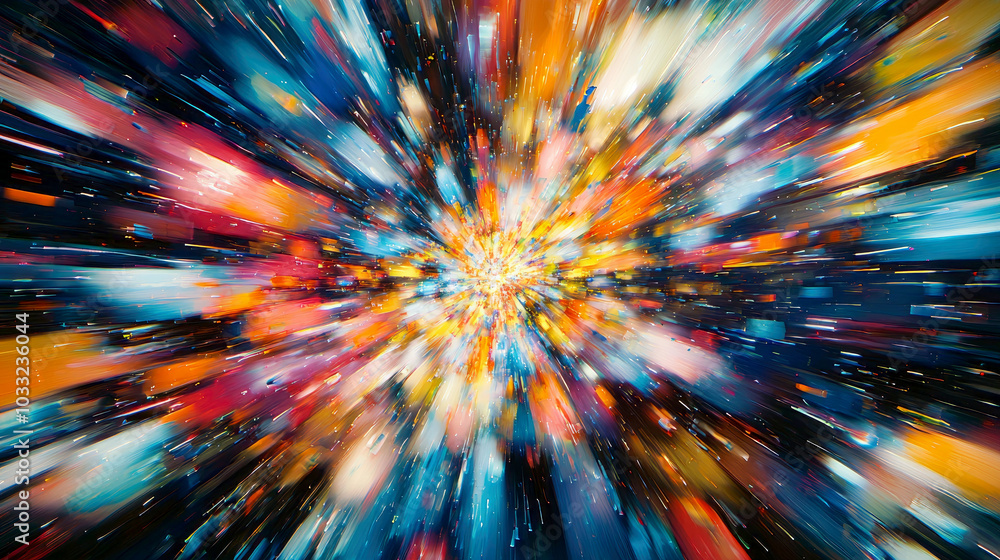 Poster a vibrant explosion of colors and shapes, evoking a sense of motion and depth in space.