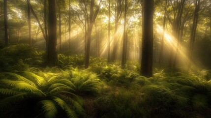 Fototapeta premium Sunbeams pierce through a misty forest, illuminating a carpet of ferns on the forest floor.