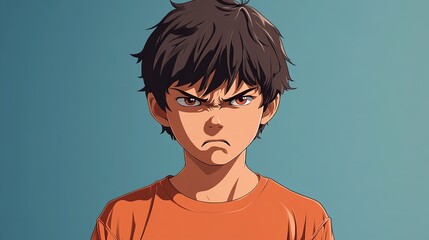 Obraz premium Realistic depiction of a 16-year-old boy in an angry mood, with a fierce expression and tense posture, against a simple, color-focused background. Shows intensity. High resolution Illustration, in