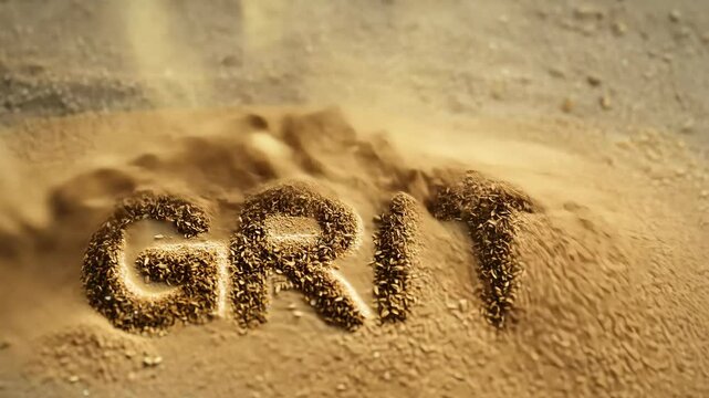 The word grit formed in sand on a tranquil beach during sunset, illustrating perseverance and resilience